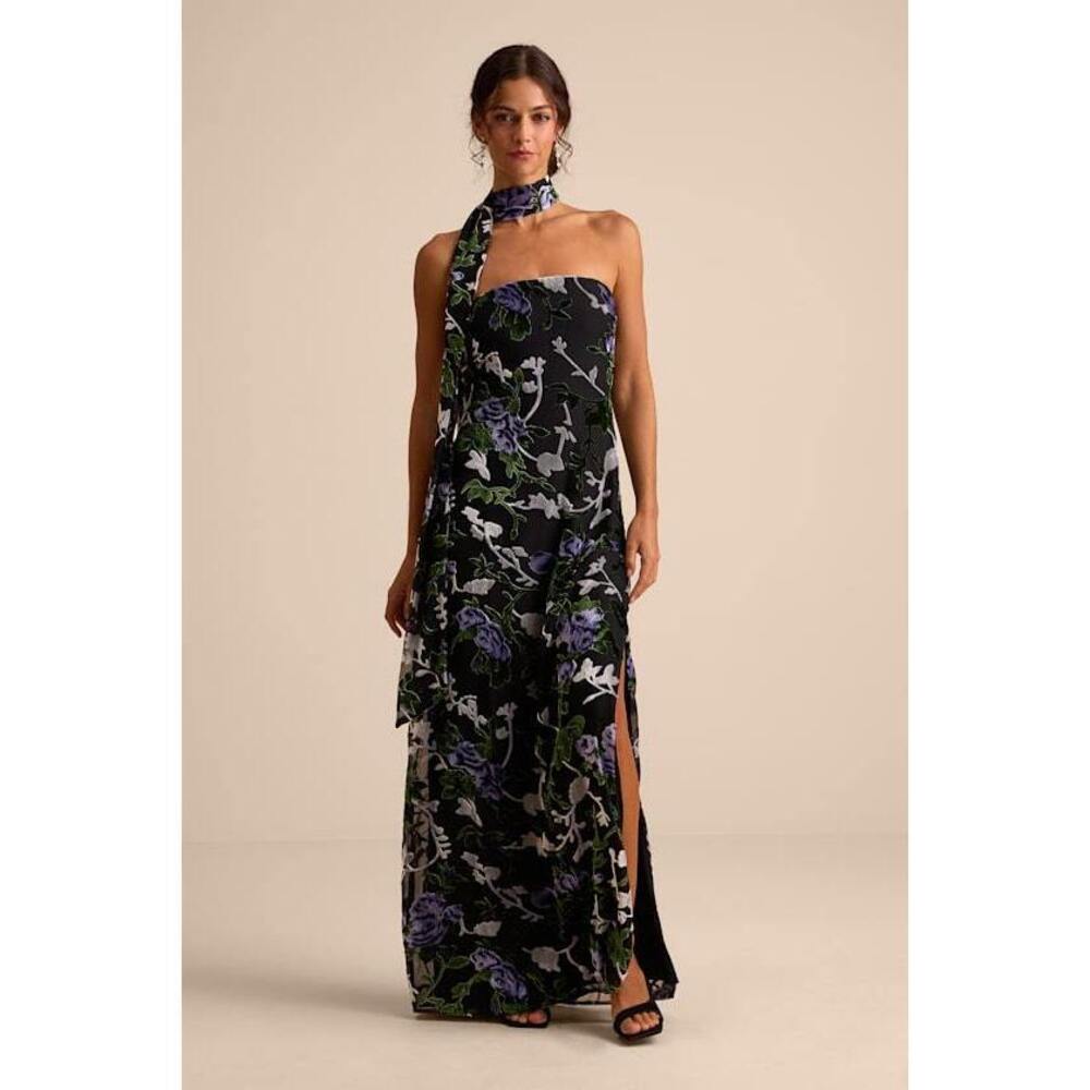 Lulus Corelia Black Floral Velvet Burnout Strapless Sash Maxi Dress - Size XS
